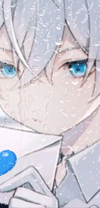 Anime character with silver hair holding a letter and blue heart.