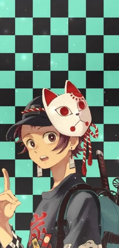 Anime character with fox mask and checkered teal background.