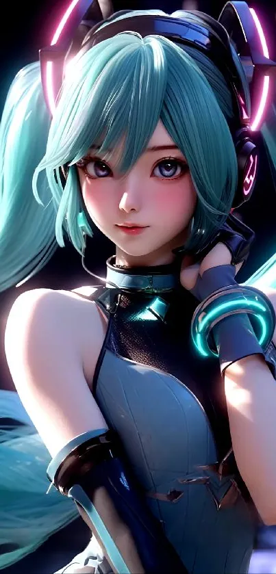 Anime character with teal hair and neon highlights in a futuristic setting.