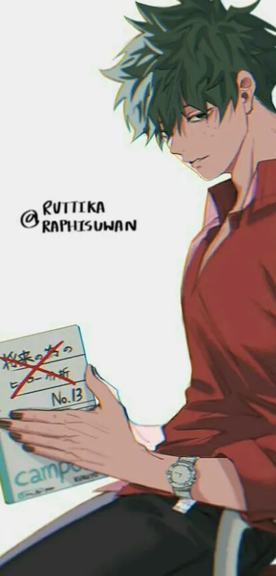 Anime character with notepad in burgundy shirt.