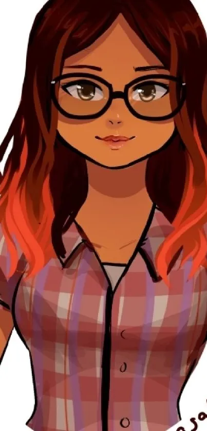 Anime girl with glasses and ombre hair wearing plaid shirt.