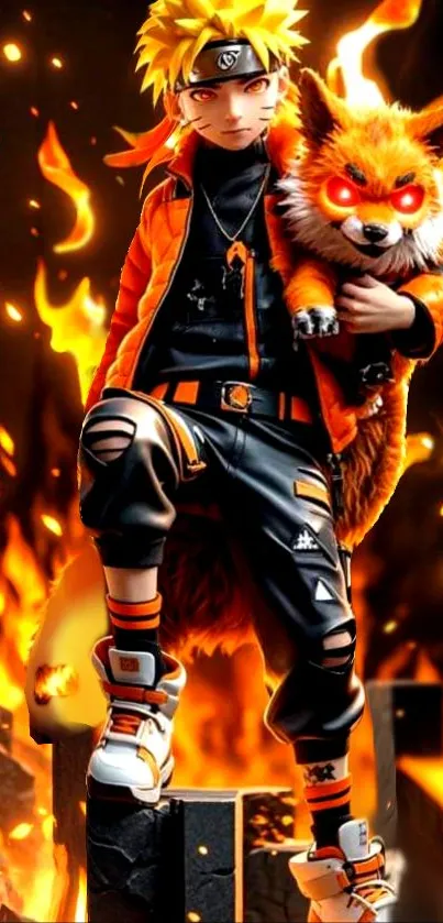 Anime character with fiery pet fox in intense flames.