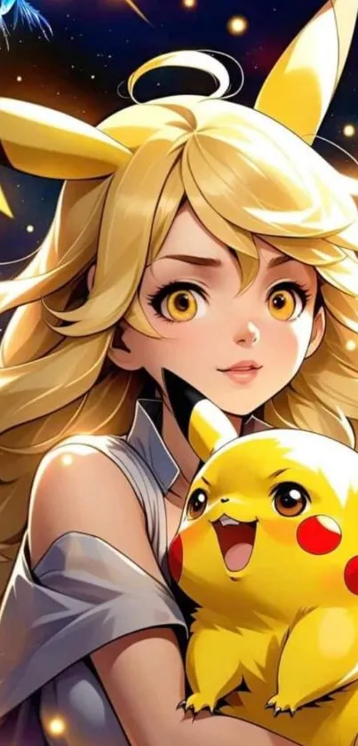 Anime girl with Pikachu, yellow theme mobile wallpaper.