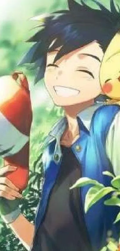 Anime character smiling with Pikachu wallpaper.