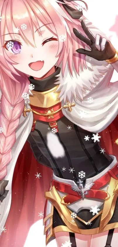 Anime character with pink hair and snowflakes on mobile wallpaper.