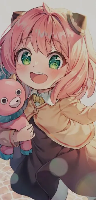 Anime character with pink hair and a plush toy, smiling brightly.