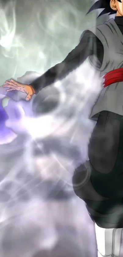 Anime character with swirling power aura on a vibrant, dynamic background.