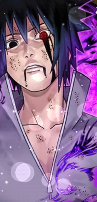 Anime character with dark hair and purple aura background.