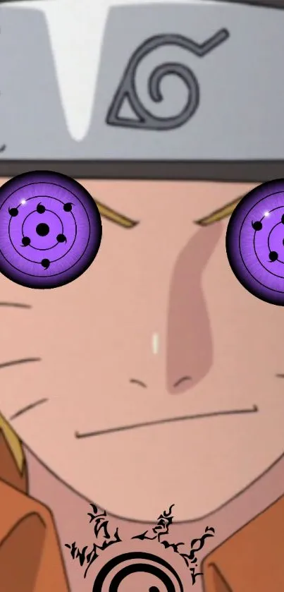 Anime character's face with striking purple eyes and a unique design.