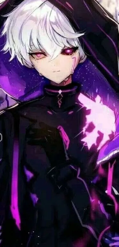 Anime character with white hair and purple glow in a dark setting.