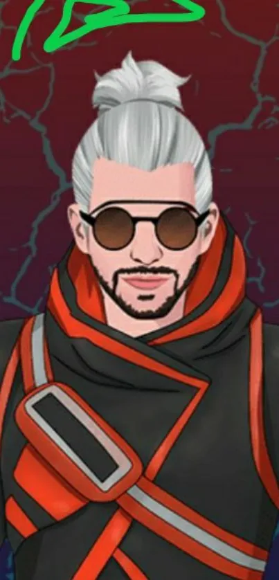 Anime character with shades on red background.