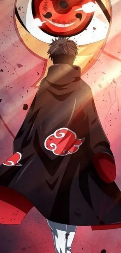 Anime character cloaked in darkness beside a glowing red eye.