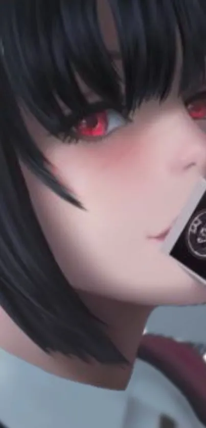 Anime character with red eyes and black hair holding a card.