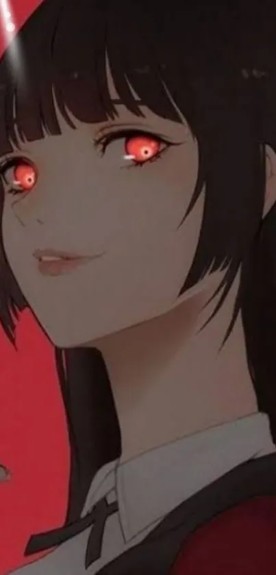 Anime character with striking red eyes and dark hair on a bold red background.