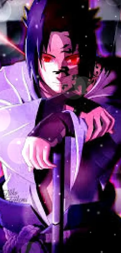 Anime character with purple aura and red eyes in vibrant pose on mobile wallpaper.