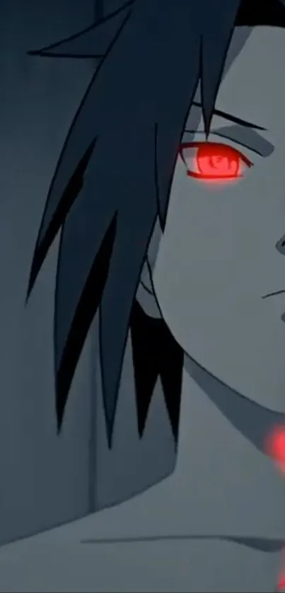 Anime character with glowing red eyes and dark background.