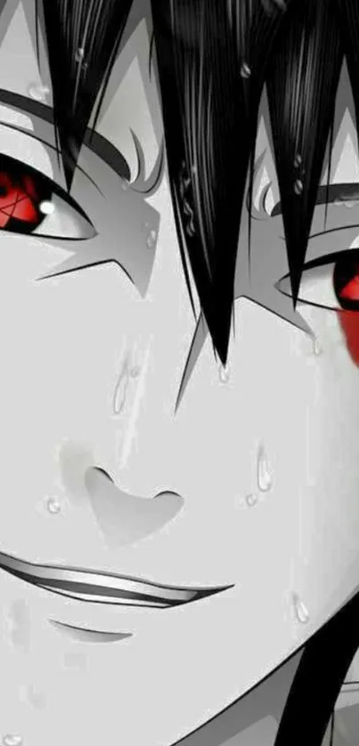 Anime character with red eyes and black hair, wet face expression.