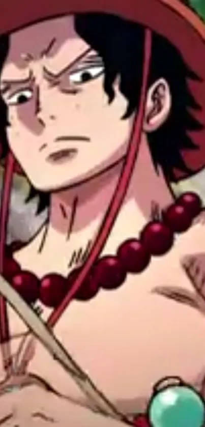 Anime character wearing a red hat with beads.