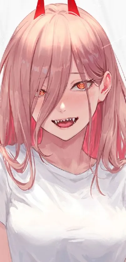 Anime girl with red horns and pink hair on a soft background.