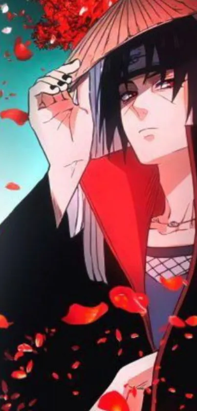 Anime character in black cloak with red petals.