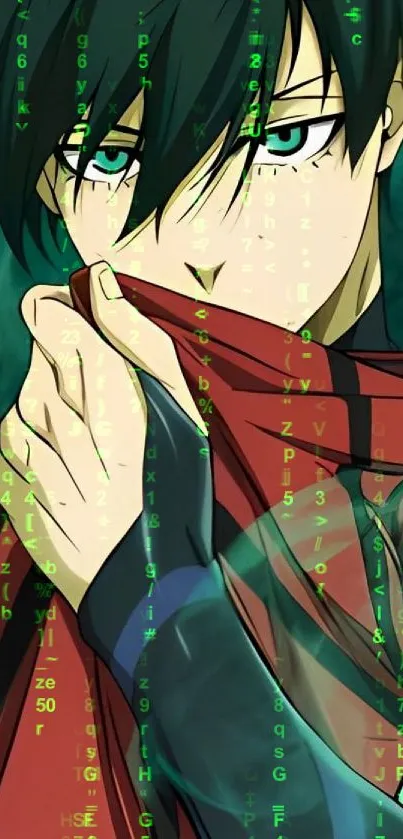 Anime character with green eyes holding a red scarf, set against a teal background.