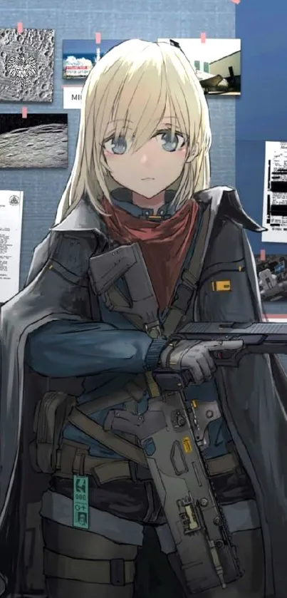 Anime character holding rifle in front of documents, with blue-gray tones.