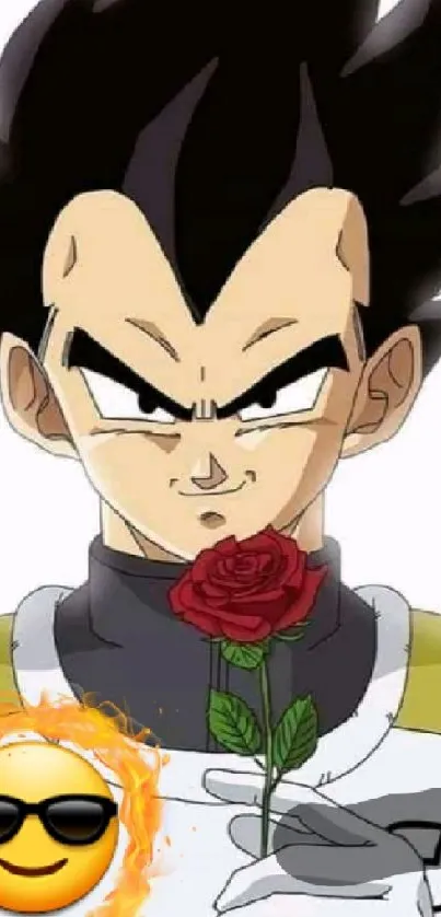 Anime character holding a rose with a unique expression.