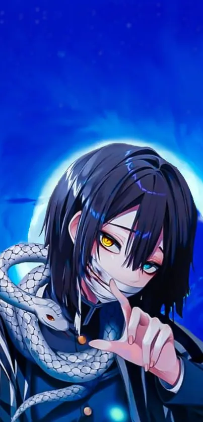 Anime character with dual eyes and a snake, set against a mystical blue background.