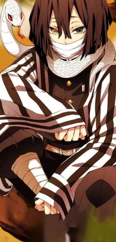 Anime character with striped shirt and snake in brown tones.