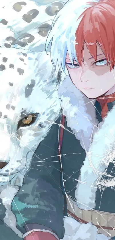 Anime character with snow leopard illustration.