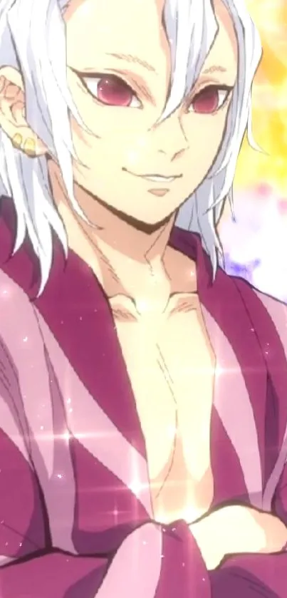 Anime character with white hair, purple robe, and sparkling colorful background.