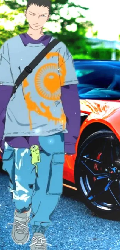 Anime character with an orange sports car on the street.