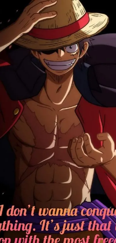 Anime character wearing a straw hat showing muscular physique and confident aura.