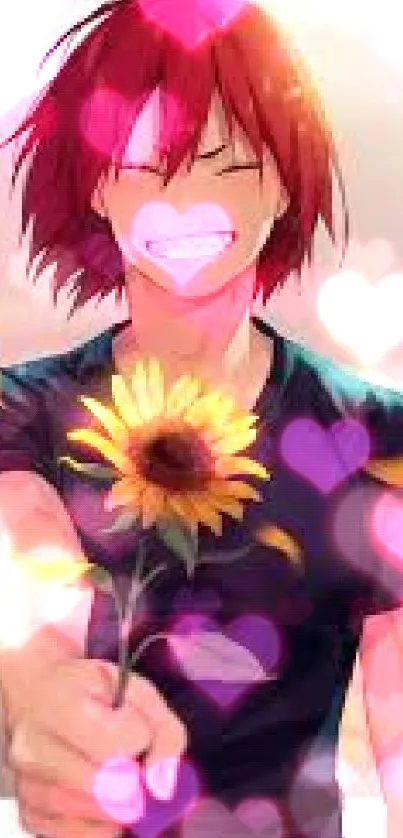 Anime character with red hair holding a sunflower and smiling brightly.