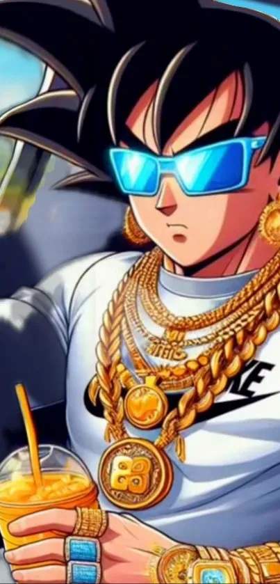 Anime character with sunglasses and gold jewelry.