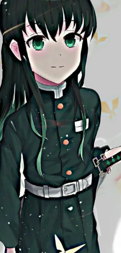 Anime character in dark attire holding a sword with green accents.