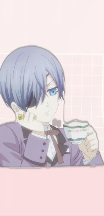 Anime character holding a teacup on a pastel pink background.