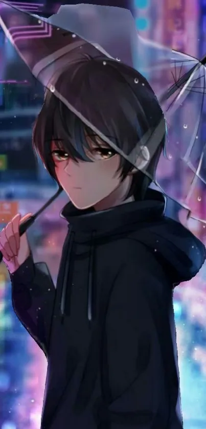 Anime character with umbrella in a neon city background.