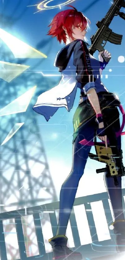 Anime character with red hair and advanced weapon against blue sky.