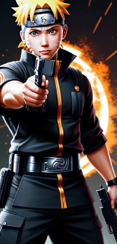 Anime character with guns and vibrant background.