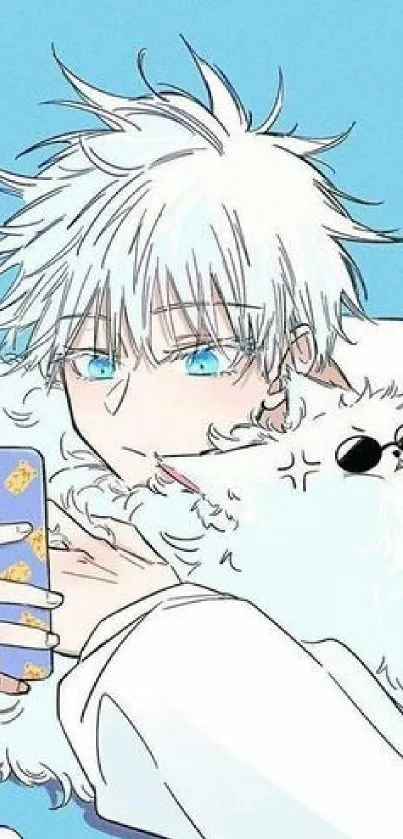 Anime character with white hair and a fluffy cat on a light blue background.