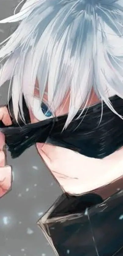 Anime character with white hair and mask, intense gaze.