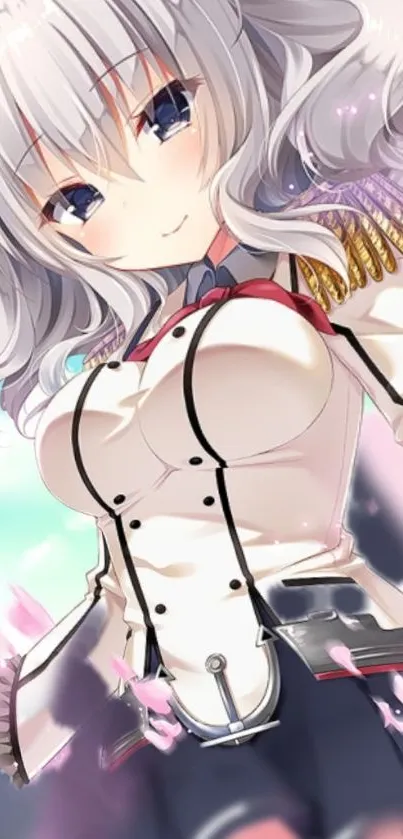 Anime character with white hair and detailed outfit.