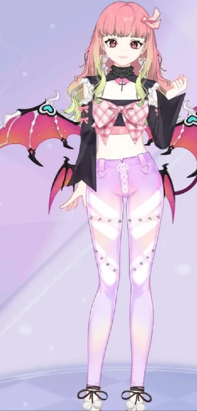 Anime girl with colorful wings, pink hair, and fantasy elements on a purple background.