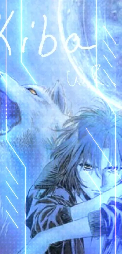 Anime character with a wolf under a blue moonlit sky.