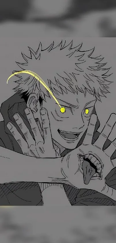 Anime character with two yellow glowing eyes in a dynamic pose.