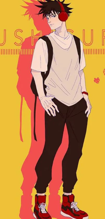 Anime character on a vibrant yellow and red background, stylish and colorful.