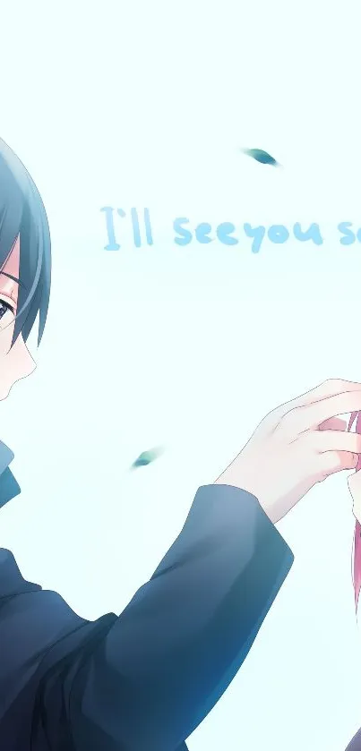 Anime characters sharing a touching farewell moment in vibrant colors.