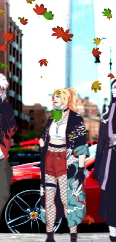 Anime characters stand in urban setting with a red car and skyscrapers.