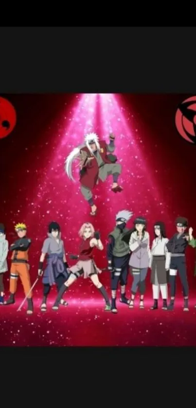 Anime characters in spotlight with red background.